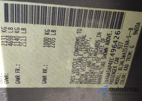 2014 Nissan Maxima 3.5 Sv from USA, damaged, VIN 1N4AA5AP4EC496426